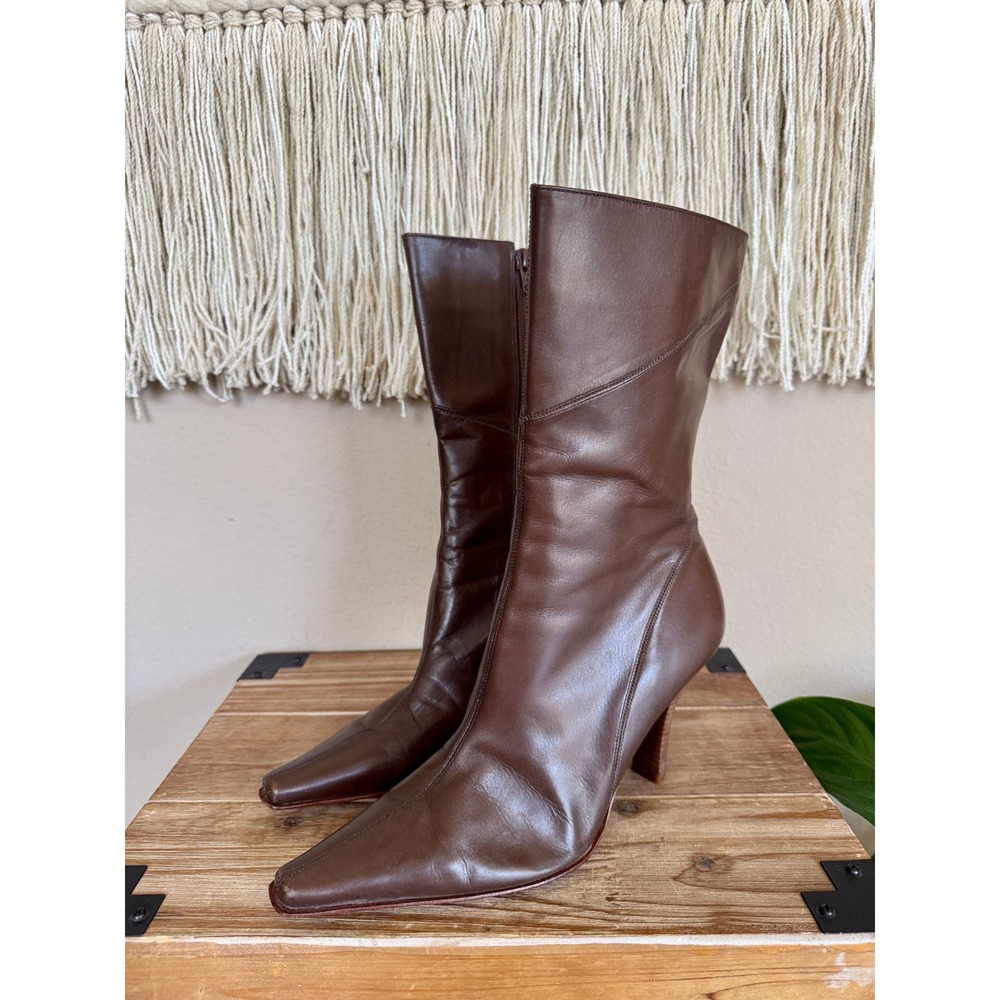 Vintage Kenneth Cole New York Seem Up Brown Leather Pointy Toe Heeled Boots 8.5